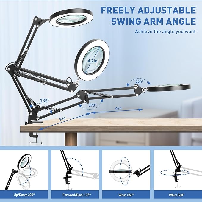 HITTI 30X & 10X Magnifying Glass with Light, 1800 Lumens Stepless Dimmable, 3 Color Modes, 4.2″ Real Glass Lens LED Desk Lamp with Clamp, Magnifier Light and Stand for Craft Reading Jewelry-Black