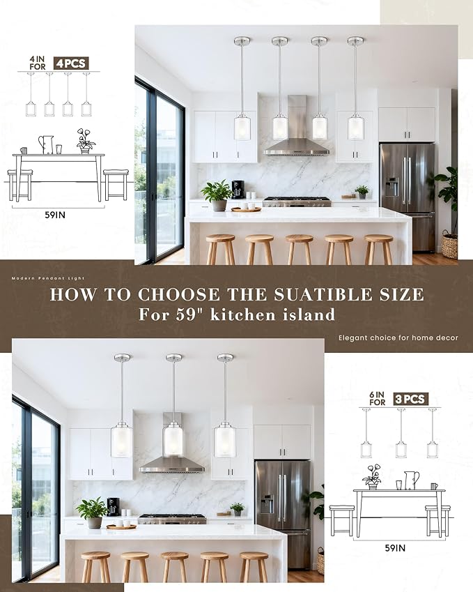 TENGXIN Modern Pendant Light,6-in Brushed Nickel Modern Pendant Light for Kitchen Island,Hanging Ceiling Light Fixture,Farmhouse Pendant Lighting for Dining Room Bedroom Office 2Pack,TXPLBN02-2PK-L