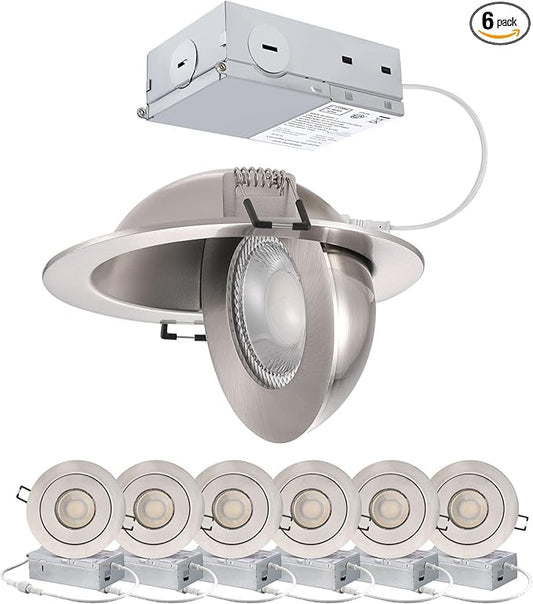 POPANU 4-inch Gimbal LED Recessed - 4 in Lighting 6Pack Canless Brushed Nickel Trim 90° Tilt Swivel LED Eyeball Wafer Slope Ceiling Adjustable Spotlight Dimmable Brushed Nickel 4 inch 6 Pack
