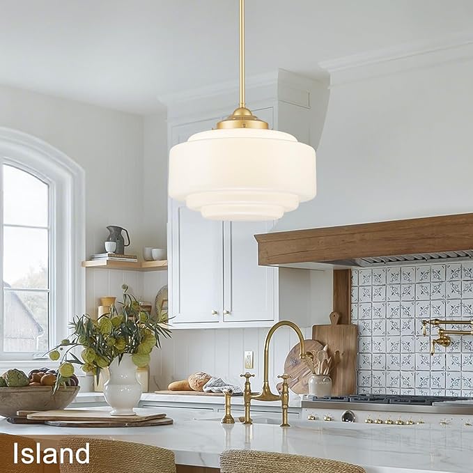 Milk Glass Pendant Light 14” Mid Century Modern Pendant Lighting Fixture With Gold Metal Vintage Schoolhouse Chandelier For Dining Room Kitchen Island Living Room Bedroom, Adjustable Height (E26)