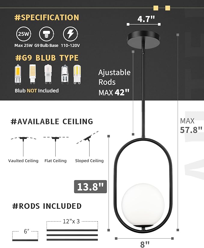 AUTELO Matte Black 1 Light Pendant Lights Kitchen Island, Mid Century Modern Light Fixtures with Milky White Globe Glass, Black Hanging Lamp for Kitchen Island H9376 MGBK
