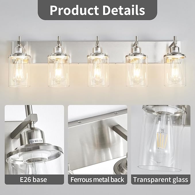 Lanhall 5-Light Brushed Nickel Bathroom Light Fixture Over Mirror Modern Bathroom Vanity Light Vintage Wall Lighting with Clear Glass Shade for Bathroom, Bedroom, Hallway, Cabinet