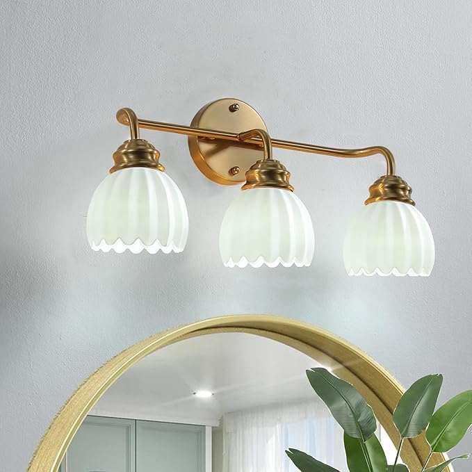 3 Light Vintage Bathroom Light Fixtures, Gold Bathroom Vanity Light, Brass Finish with White Tulip Glass Shade, Wall Lighting for Bedroom, Living Room, Hallway,E26 Base