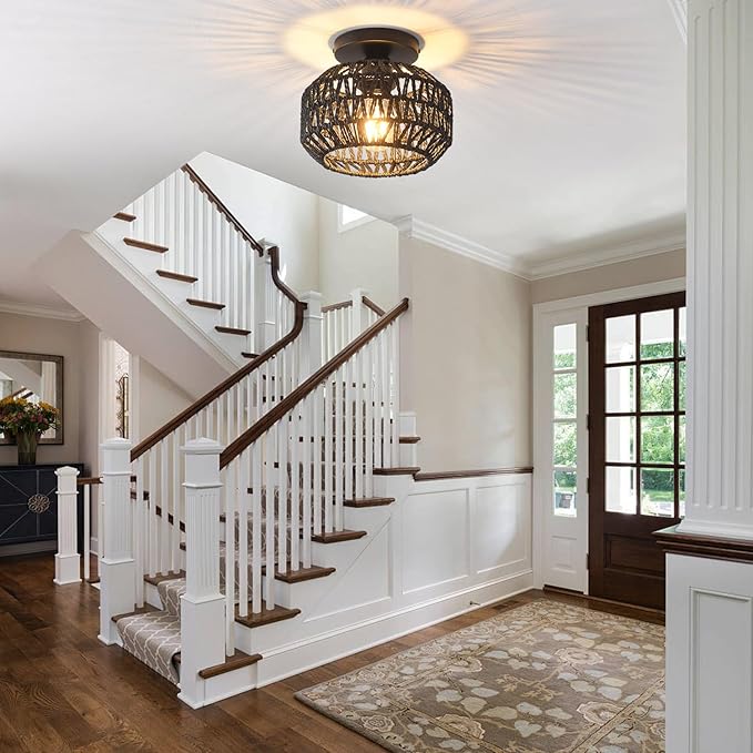 2 Pack Farmhouse Light Fixtures Ceiling Mount,Mini Rattan Boho Semi Flush Mount Ceiling Light,Hand Woven Hallway Light Fixtures for Bedroom Entryway