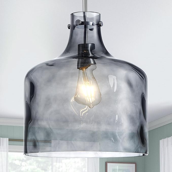 CATINER 16" Extra Large Farmhouse Pendant Light – Hand-Blown Smoked Gray Hammered Glass Shade, Polished Chrome Finish, Adjustable Chain Hanging Light Fixture for Kitchen Island, Dining Room, Hallway