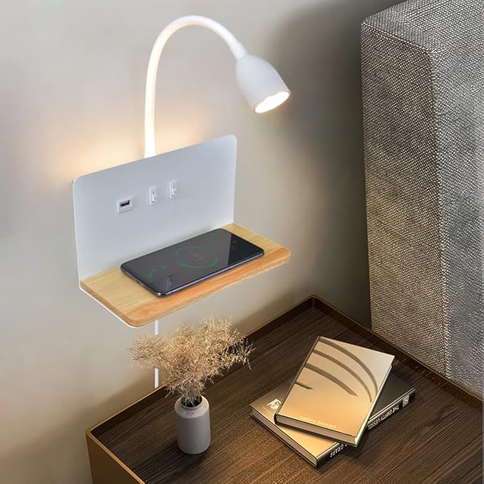 Bedside Wall Sconces with Wireless Charging Station & USB Charging, 3 Adjustable Color Temperatures LED Reading light, 3000K Warm Ambient lighting Wall Mounted Sconce for Bedroom, Plug-in or Hardwired