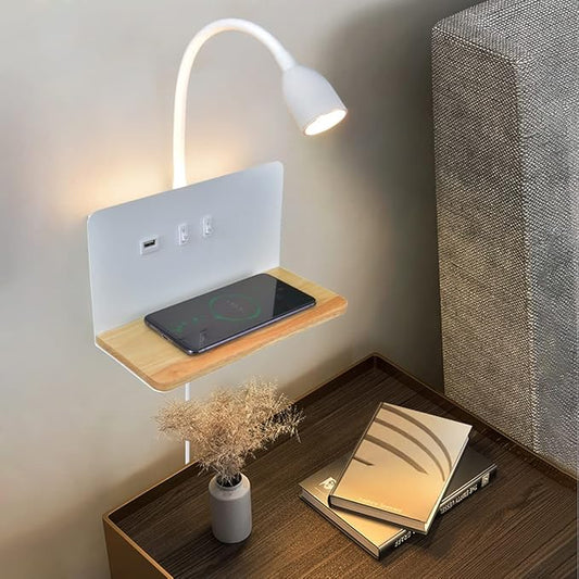 Bedside Wall Sconces with Wireless Charging Station & USB Charging, 3 Adjustable Color Temperatures LED Reading light, 3000K Warm Ambient lighting Wall Mounted Sconce for Bedroom, Plug-in or Hardwired