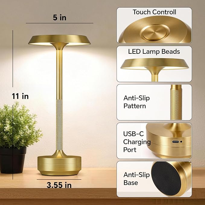 Mevnxi Cordless Table Lamp, Portable LED Desk Lamp, 5000mAh Battery Operated, 3 Color Stepless Dimming Up, for Restaurant/Bedroom/Bars/Outdoor Party/Camping/Coffee Shop Atmosphere Night Light(Gold)