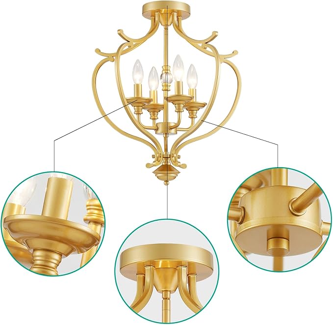 Modern 4-Light Vintage Antique Candle Ceiling Light, Light Fixture for Dining Room, Living Room, Bedroom, Gold Frame, Farmhouse Style, Maria Theresa Design, E12 Socket, D18*H20 inch