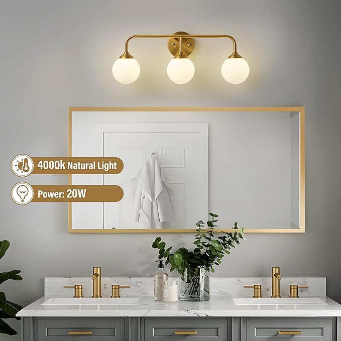Bathroom Light Fixtures - 3 Light Brushed Brass Vanity Light Over Mirror for Bathroom Mirror Living Room Bedroom, Gold Bathroom Wall Sconce with Frosted Glass Shade, 3 G9 Bulbs Included