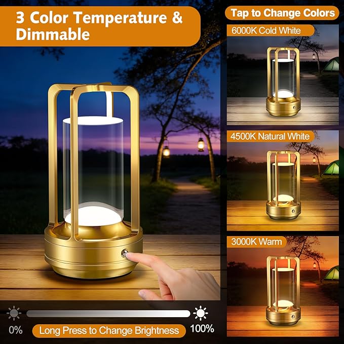 Rechargeable Table Lamp for Outdoor Indoor: Cordless Portable Table Lamps with 3 Color Stepless Dimmable - LED Metal Battery Operated Lantern - Small Table Lamp for Bedroom/Bar/Coffee Shop/Camping