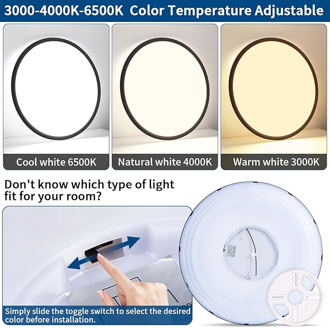 20 Inch Flush Mount Ceiling Light, 42W 4200LM, Dimmable & 3000K/4000K/6500K Selectable, Modern Black Led Ceiling Light Fixture for Dining Room, Kitchen, Bedroom, Office, Hotel, Wired
