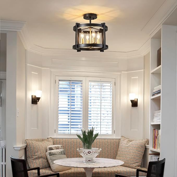 MEIXISUE 4-Light Semi Ceiling Light Flush Mount BK+GD Farmhouse Rustic Vintage Antique Ceiling Light Fixture for Hallway Entryway Gazebo Kitchen Dining Room Bedroom UL Listed
