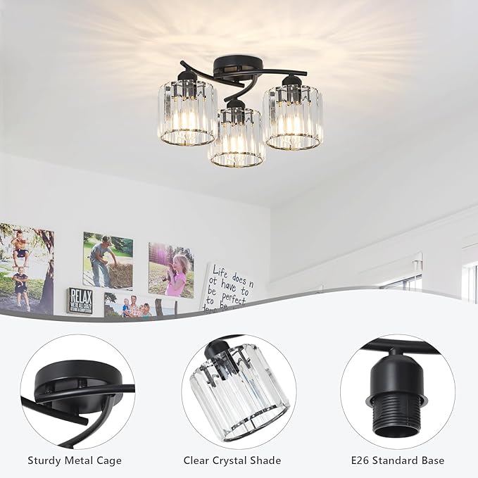 Crystal Semi Flush Mount Ceiling Light,3-Light Black Close to Ceiling Light Fixtures,Kitchen Light Fixture with Clear Crystal Shades,Hallway Light Fixtures for Kitchen Entryway Bedroom Bathroom