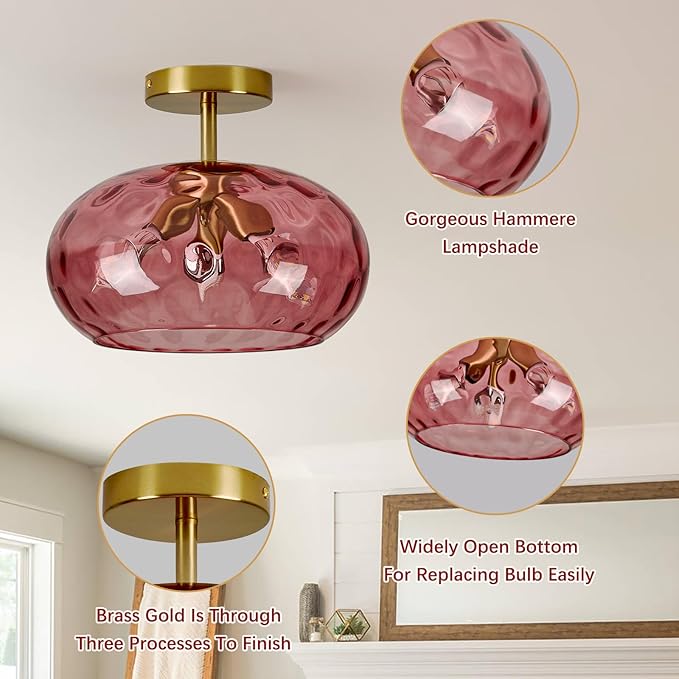 Red Glass Semi Flush Mount Ceiling Light - 12 Inch Hammered Glass Hallway Light fixtures, Vintage Gold Flush Mount Ceiling Light,Mid Century Light Fixture for Entryway Laundry Room Foyer Porch