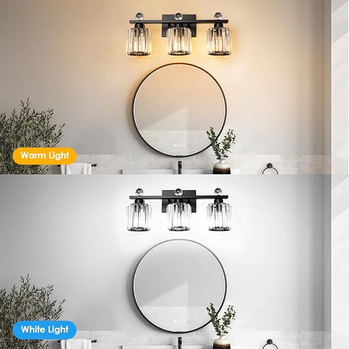 3-Light Black Modern K9 Crystal Vanity Lights, Black Bathroom Light Fixtures Stainless Steel Crystal Vanity Light Fixture