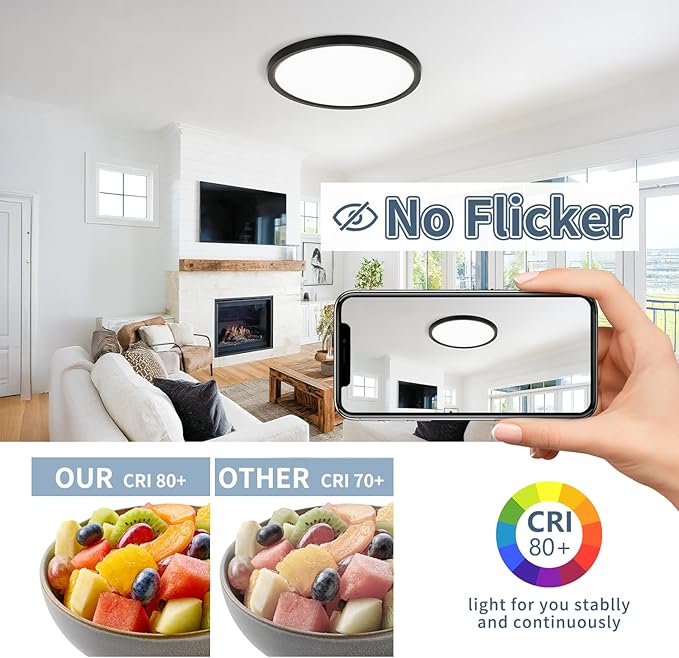 11.4 Inch 12PK LED Flush Mount Ceiling Light, ETL ,24W, 2427LM, 3000K/3500K/4000K/5000K/6500K CCT Selectable, 0.66in Ultra Thin Round Flat Panel Ceiling Light Fixture for Bedroom, Kitchen, (Black)