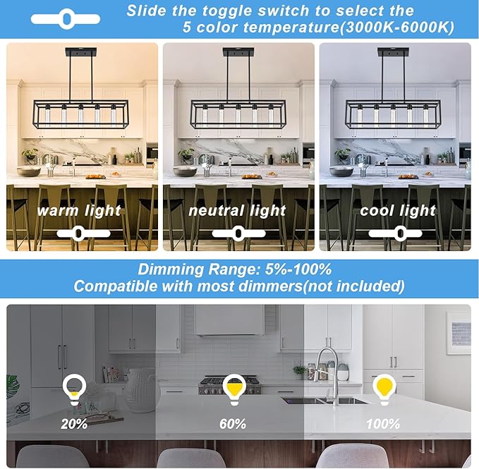 MELUCEE 5 Color Black Pendant Lights Kitchen Island, 5 Lights Modern Kitchen Island Lights 25W Dining Table Light Fixture with Crystal Bubble, Integrated LED Chandelier for Dining Room Billiard Room