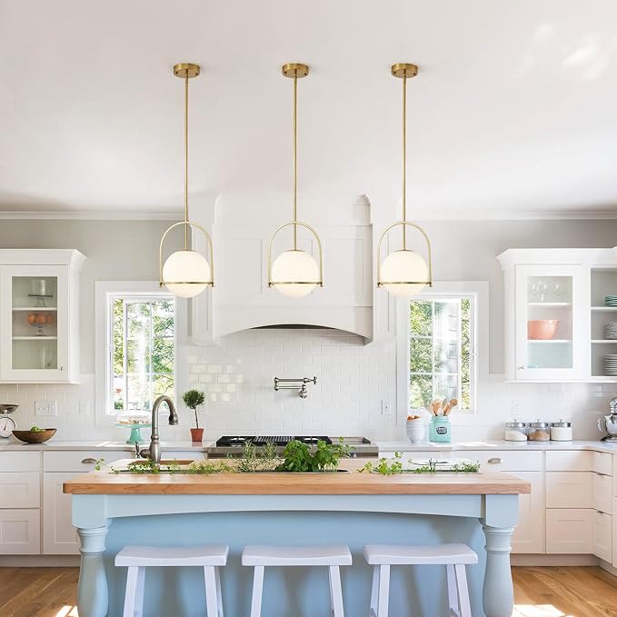 youngrender Modern Gold Schoolhouse Pendant Light Fixture, 6" Gold Globe Pendant Lighting with Hanging Adjustable Height, One Light Milk Glass Chandelier for Kitchen Island Dining Room Hallway