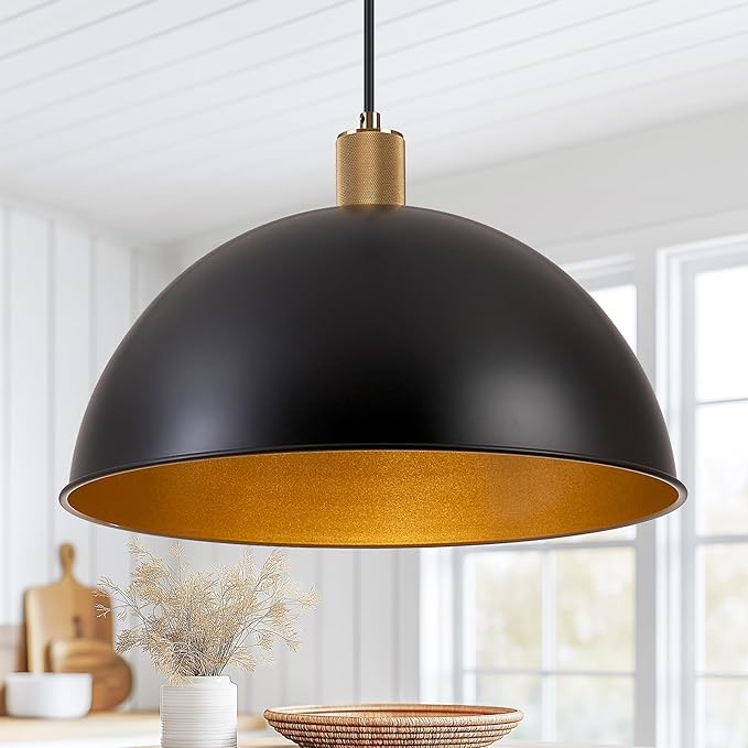16 Inch Black Dome Pendant Lights for Kitchen Island, Height Adjustable Farmhouse Industrial Hanging Light Fixtures Over Table for Dining Room, Entryway, 1 Pack