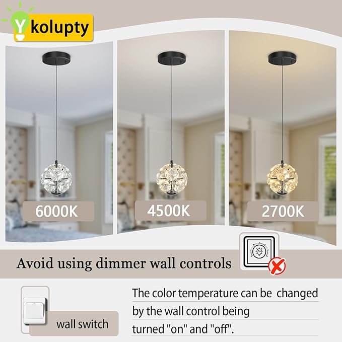 ykolupty Pendant Lights Kitchen Island Crystal Globe Chandelier LED Black Island Light Crystal Pendant Light for Dining Foyer Entrance
