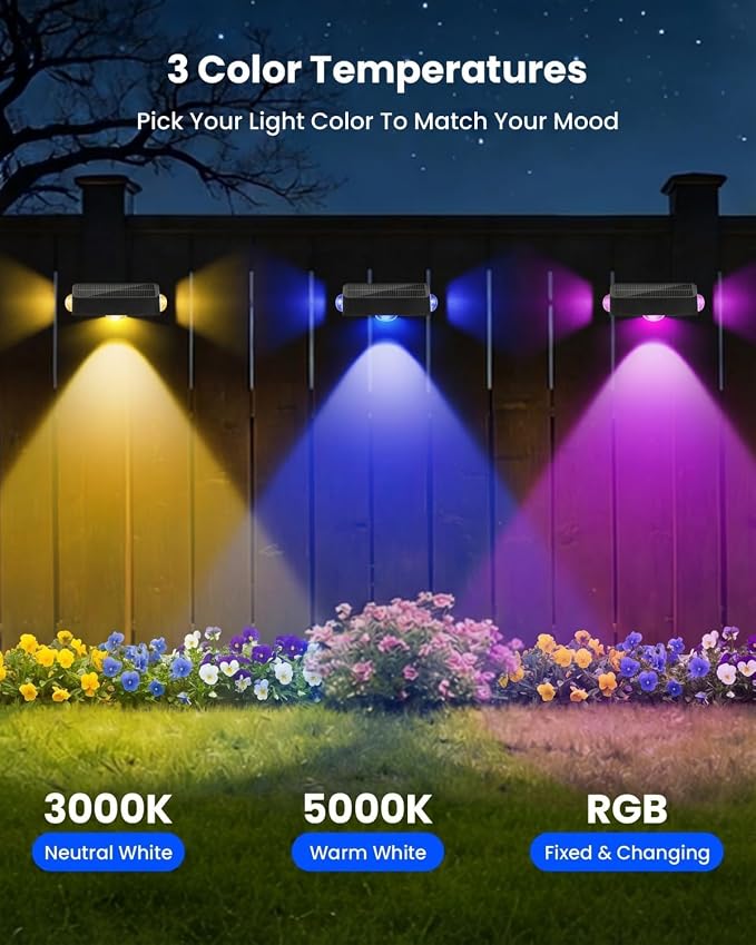 12 Pack Waterproof Solar Fence Lights for Outdoor 12 Modes Warm & Cool White RGB LED Spot Lens 3-Sided Solar Powered Wall Lighting, Decor for Outside Patio Step Backyard Deck Railing Pool