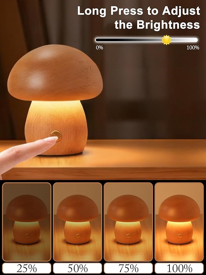 WLHONG Small Wood Table Lamp - 3000K Dimmable LED Nightstand Lamps for Bedroom,Mini Portable Desk Lamps for Home Dorm Office Creative Lighting Housewarming Gifts Night Light (Mushroom)