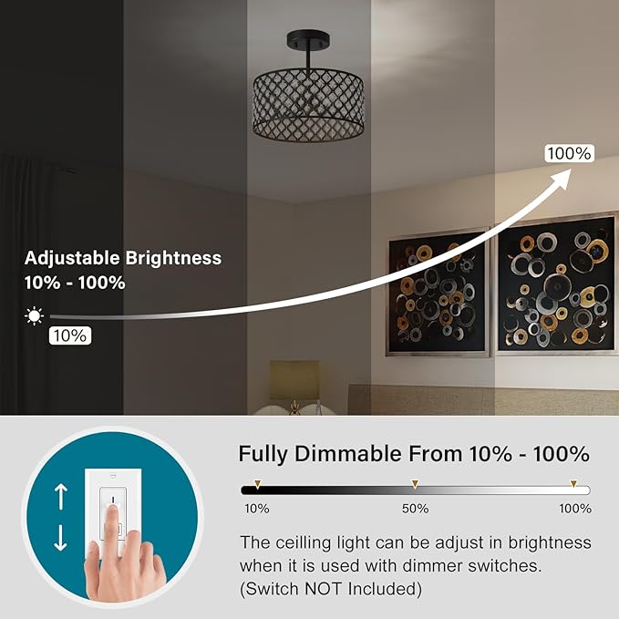 Black Crystal Ceiling Light Fixture,Modern Semi Flush Mount Ceiling Lighting Fixture,Round Small Chandelier for Dining Room, Hallway, Entryway, Kitchen, Bedroom,Foyer,3 Light,12 inch