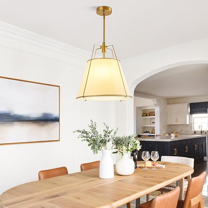 Modern Pendant Light Fixtures with 16" Off-White Linen Fabric Shade, Adjustable Hanging Light Fixture,3-Light Drum Gold Vintage Chandelier for Kitchen Island Bedroom Dining Room Foyer
