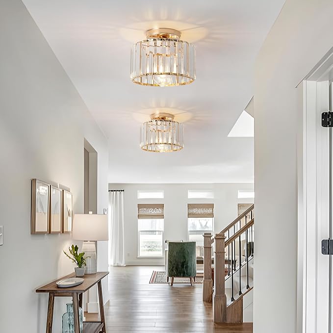 9 Inch Gold Crystal Ceiling Light Fixture - Modern Semi-Flush Mount Chandelier with Premium Crystals for Entryway, Dining Room, Bedroom, Kitchen
