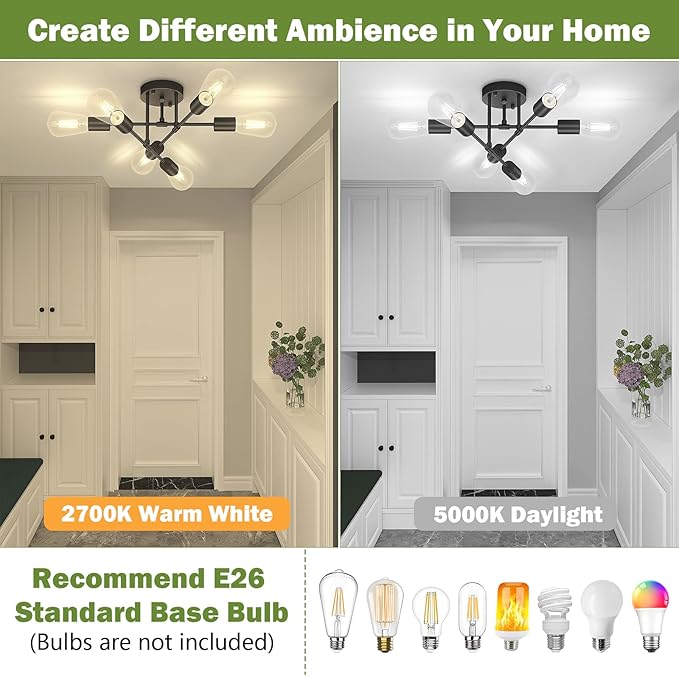 Asnxcju Modern Semi Flush Mount Ceiling Light, 6-Lights Black Sputnik Chandelier for Bedroom Lighting, Industrial Kitchen Light Fixture Ceiling Mount for Dining Room Hallway Living Room, UL Listed
