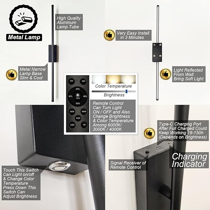 Easy Install Peel and Stick on Battery Operated Wall Sconces Set of 2 Rechargeable, Magnetic Linear Wall Sconce Wireless Long Picture Vanity Wall Light for Living Room Bedroom (2 Pack, 28.3'', Black)