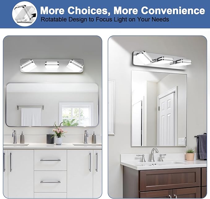 360° Rotate 3-Light LED Bathroom Vanity Light Fixtures, 1300LM Acrylic Chrome Vanity Lights for Bathroom, Modern Wall Lighting Fixtures Over Mirror Kitchen Living Room (Natural White Light 5000K)