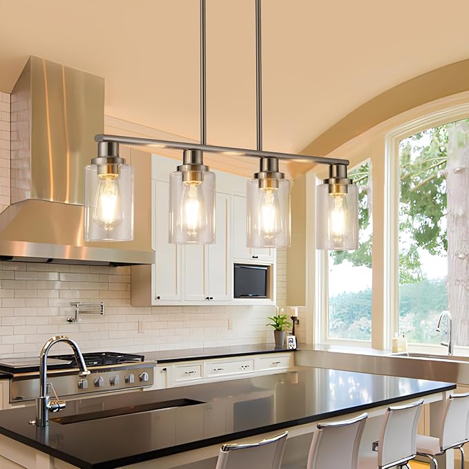 Kitchen Island Lighting, 4-Light Farmhouse Dining Room Light Fixtures Over Table, Linear Chandelier Pendant Lighting for Kitchen Island for Brushed Nickel Finish with Clear Glass Shade