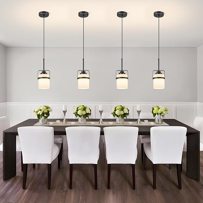 Modern Black Pendant Lights Kitchen Island Light, Adjustable Hanging Light Fixture with Milk Glass Shade, Farmhouse Pendant Light for Dining Room Bar Over Sink/Table/Counter, 2 Pack
