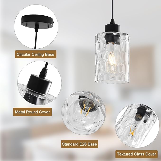 3 Pack Black Modern Pendant Light Fixtures, Adjustable Hanging Lighting with Hammered Glass Lampshade, Black Kitchen Island Pendant Lights for Dining Room Kitchen Living Room Bedroom Foyer