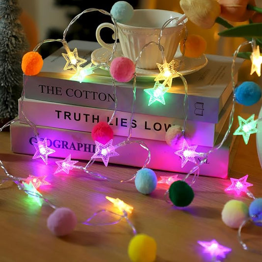 9.85FT String Lights for Kids Room with 20 Cute PomPoms 20 Colorful Star LED Indoor String Lights Battery Operated with Timer for Girls Bedroom Birthday Party Kids Playhouse Wedding Party Decoration