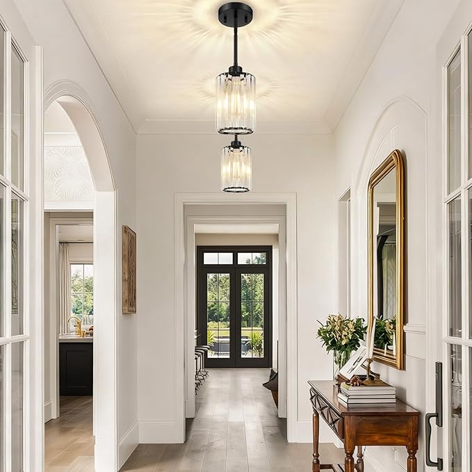 MQMQA 3 Pack Matte Black Pendant Lights Kitchen Island, Modern Crystal Chandelier Kitchen Pendant Lighting Over Island, Adjustable Hanging Mini Light Fixtures for Dining Room Hallway Corridor Bedroom
