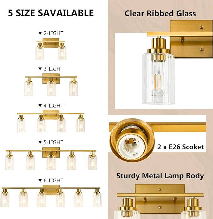 Jonsi Gold Bathroom Light Fixtures, 2 Light Brushed Gold Vanity Lights With Fluted Glass Shade, Modern Lights Over Mirror, Vanity Lighting Fixtures