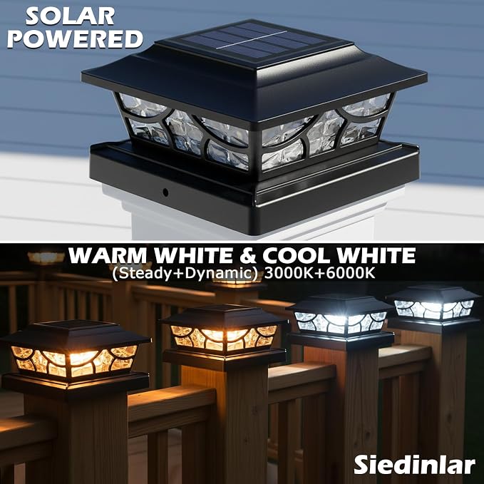 SIEDiNLAR Solar Post Lights Outdoor 4 Modes Fence Deck Post Cap Light for 4x4 5x5 6x6 Vinyl Wooden Posts Garden Patio Decor, Warm White & Cool White Dynamic Lighting Black (10 Pack)