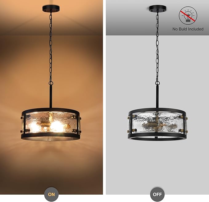 CNRATYE 13" Industrial Drum Glass Chandelier, 3-Light Rustic Hanging Pendant Lights, Metal Round Lighting Fixture for Dining Room Foyer Entryway Hallway Bedroom, Clear Waterglass Drum Shade