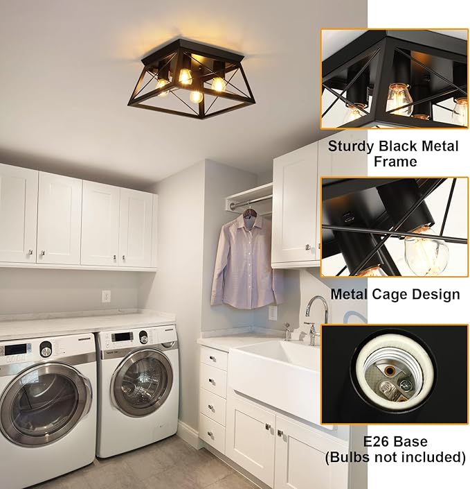 Farmhouse 4-Light Metal-Framed Industrial Kitchen Ceiling Lights - Black Flush Mount for Dining Room, Kitchen, Bedroom, Hallway, Foyer, Living Room, Laundry