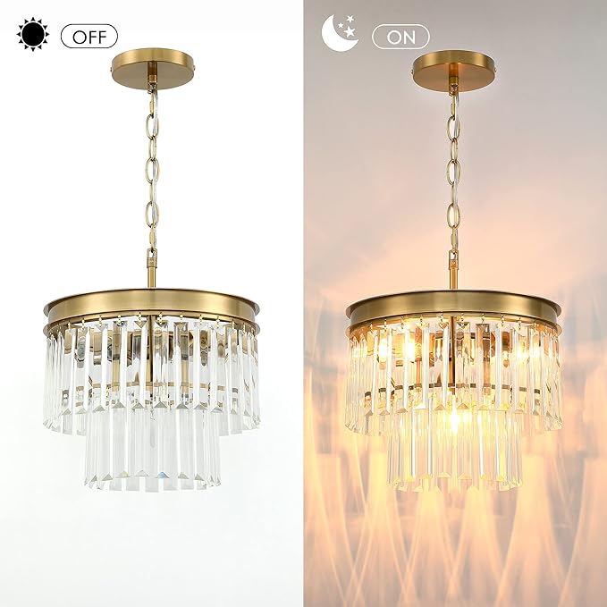 MEXO Crystal Chandelier Lighting Fixture Gold Finish 2-Tier Hanging Pendant Ceiling Lights for Living Room Bedroom Dinning Room Hallway