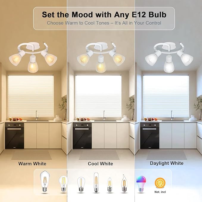 HiBay 3-Light Track Lighting, Modern Glass Ceiling Light Fixture White, Directional Flush Mount Spotlight Round for Kitchen, Bedroom, Living Room, E12 Base, No Bulbs