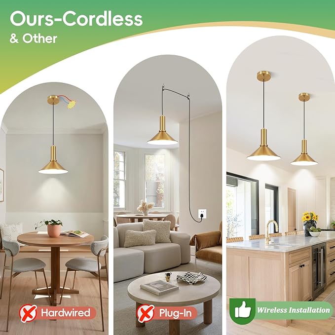 Battery Operated Pendant Lights 2 Pack,Rechargeable Pendant Light with Remote,Gold Pendant Light Fixtures for Kitchen island,Modern Industrial hanging Lights for Dining Room Hallway Entryway Bedroom