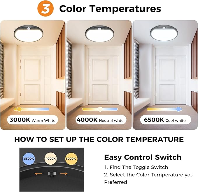 slochi 1Pack Motion Sensor Light Indoor Wired, 12 Inch 3000K/4000K/6500K Closet Lights Motion Sensored, 24W 2400LM Flush Mount Ceiling Light for Hallway Pantry Stairwell Porch, Black