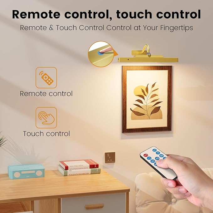 4 Pack Picture Art Above Light Set, 12" Wireless Battery Picture Lighting, Remote Control Timer 3 Color Temps for Living Bedroom or Museum (Gold)