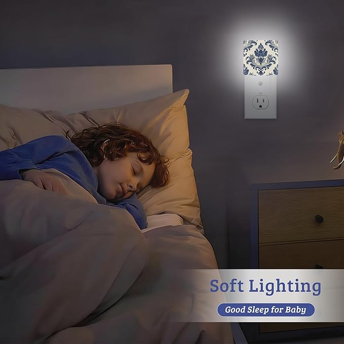 Vintage Blue Floral Night Light Plug Into Wall with Dusk to Dawn Sensor Wall Lamp, LED Nightlights for Bedroom, Bathroom, Kitchen, Hallway, Room Decorative for Boys Girls Women Men Gifts