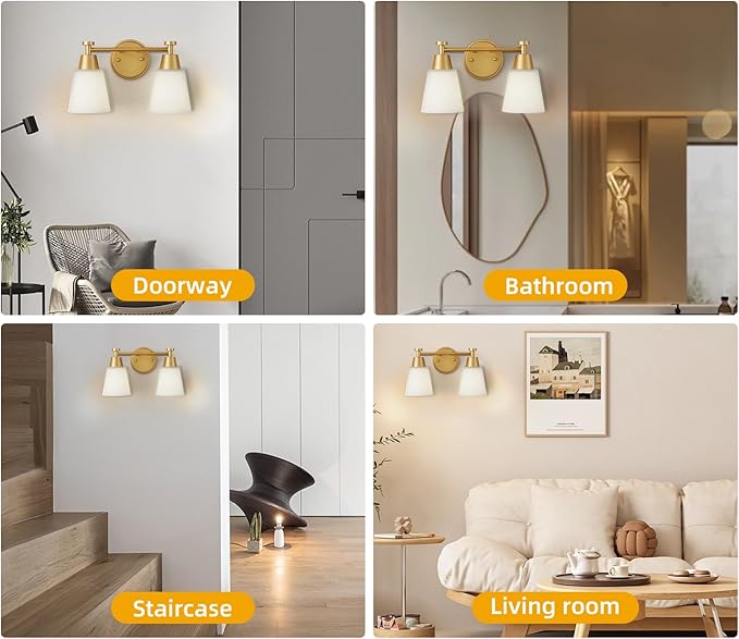 2 Light BathroomVanity Lights, Brushed Gold Wall Sconce Light with Frosted Glass, Bathroom Over Mirror Light Fixtures for Living Room, Bedroom, Hallway