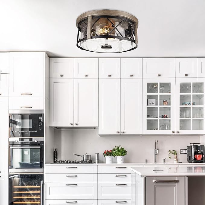 Rustic Close to Ceiling Light Fixtures, Farmhouse Wood Grain Flush Mount Ceiling Lighting, Metal Cage Lighting with Seeded Glass for Home Kitchen Dining Room Bedroom Hallway Entryway Foyer